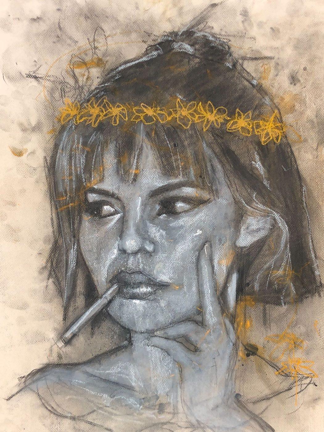 Charcoal and pastel portrait with a yellow flower crown and a cigarette