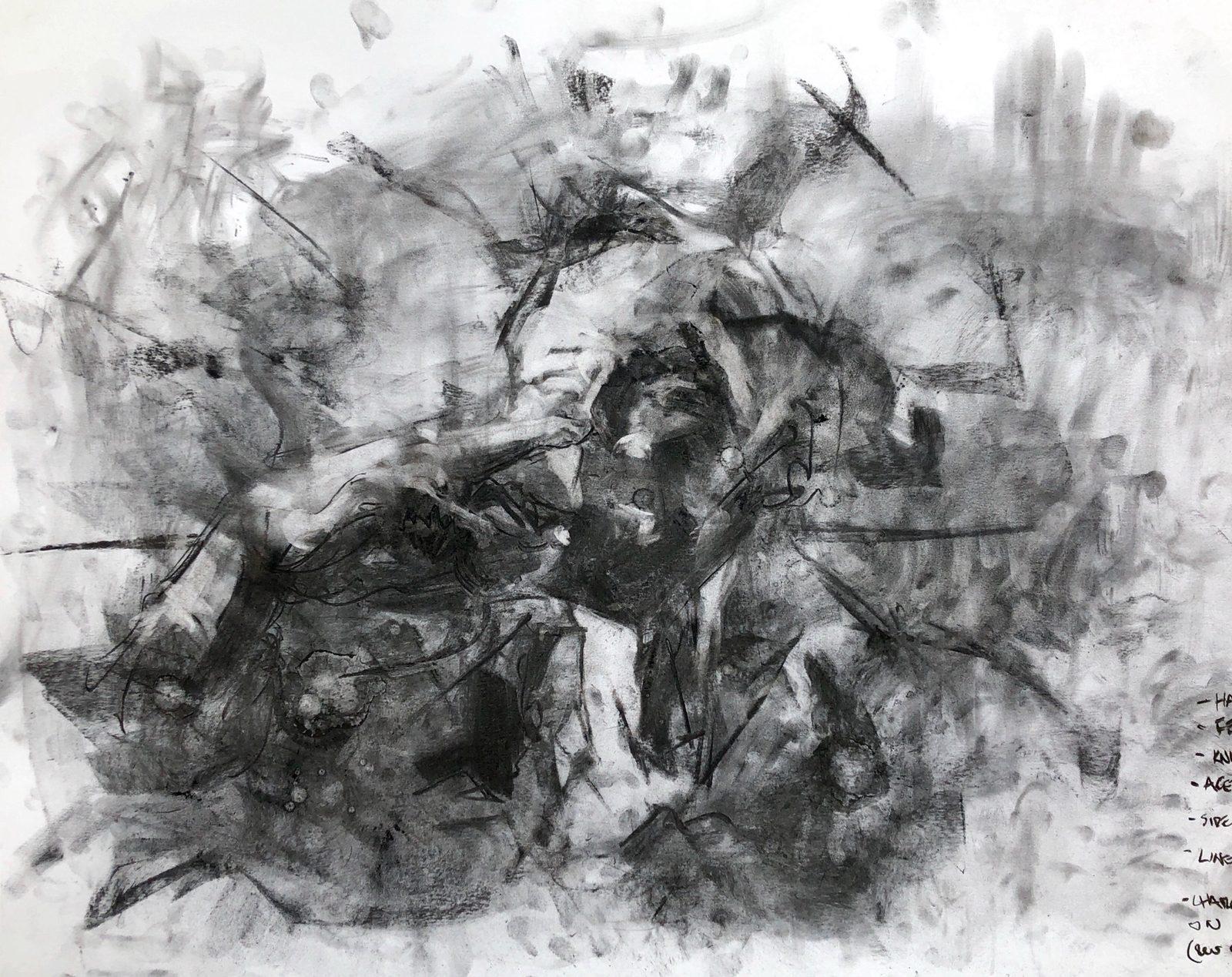 Loose, gestural charcoal study with working notes