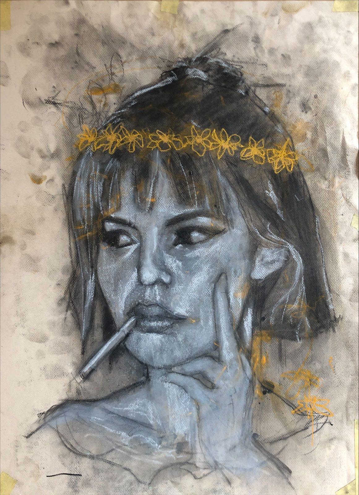 Charcoal portrait of a woman with a bob, a yellow flower crown and a cigarette