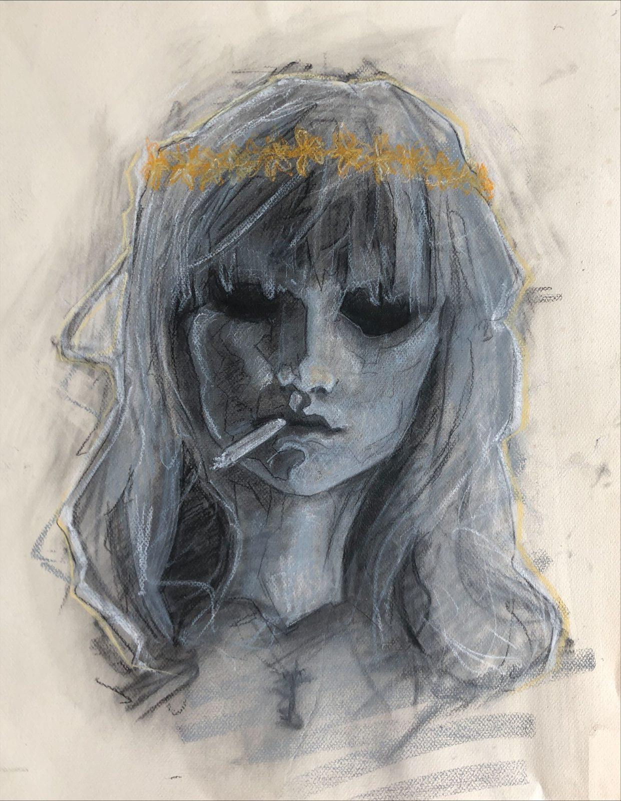 Pale blue-grey portrait with shadowed eyes and a yellow flower crown