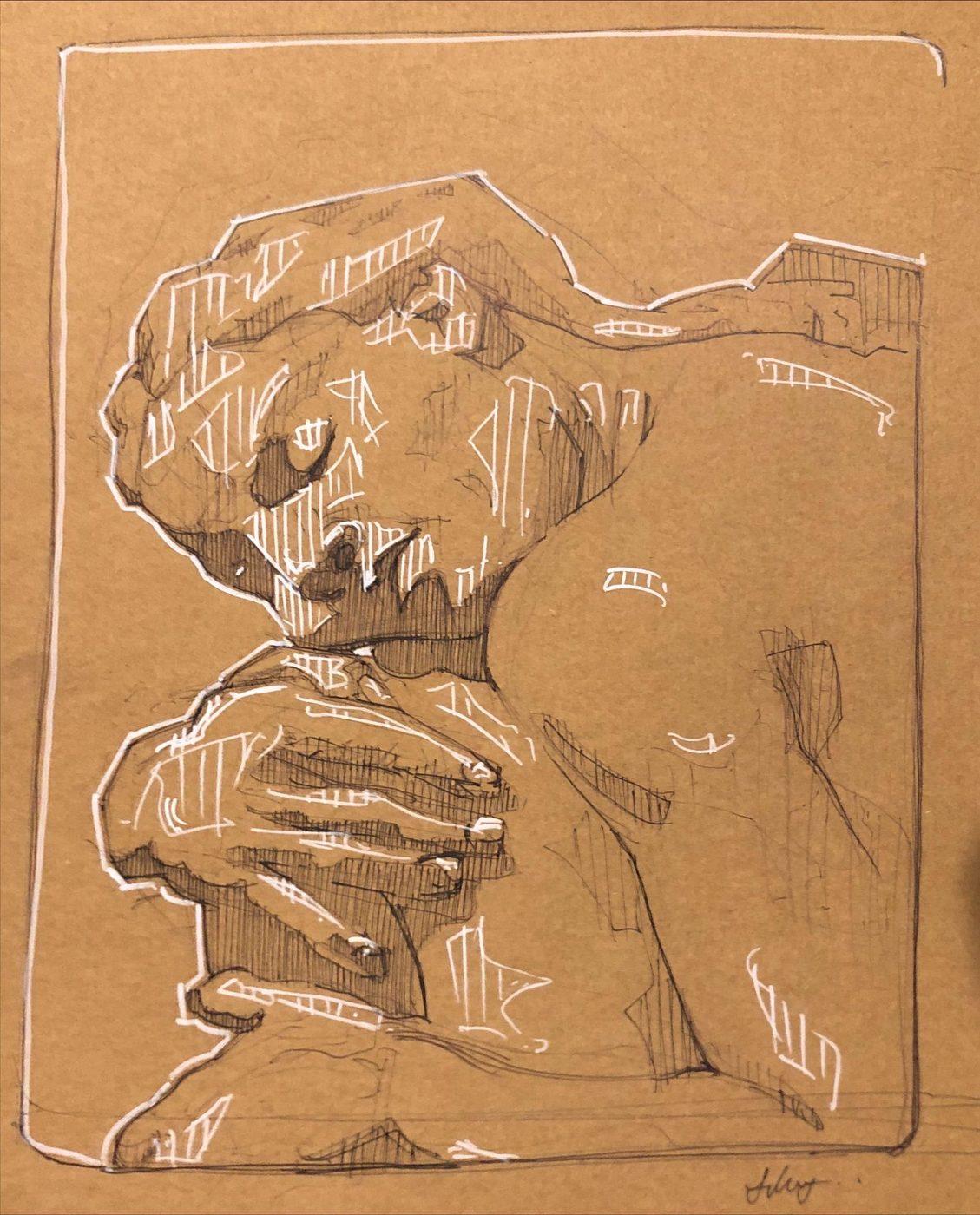 Cross-hatched pen study of an embrace with white highlights on kraft paper