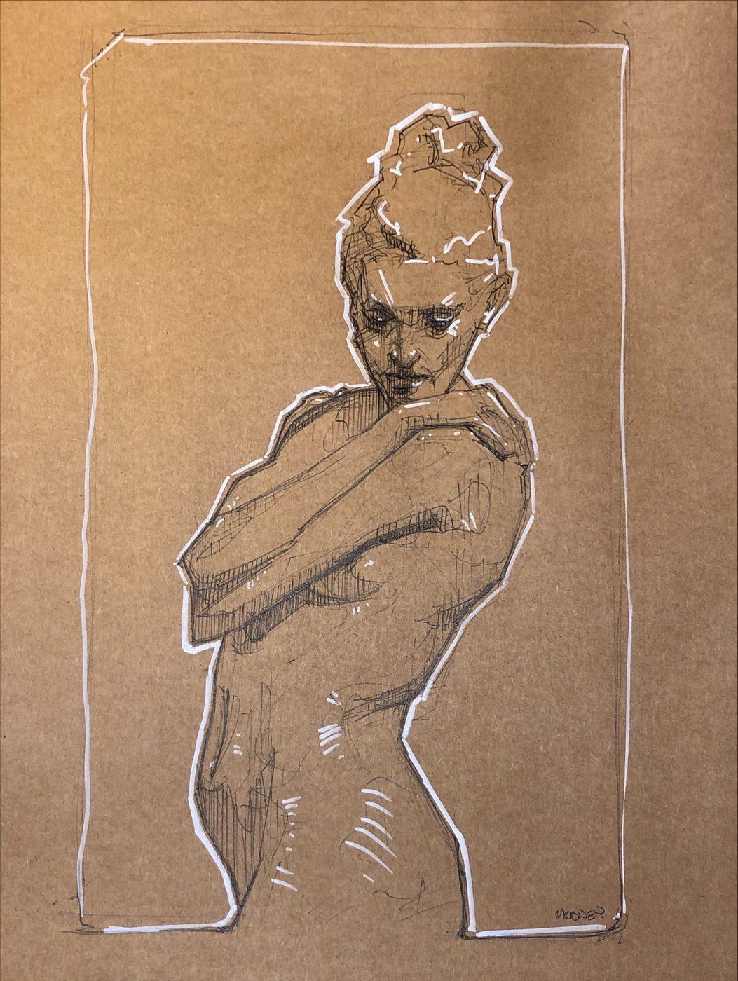 Pen figure study with white highlights on kraft paper
