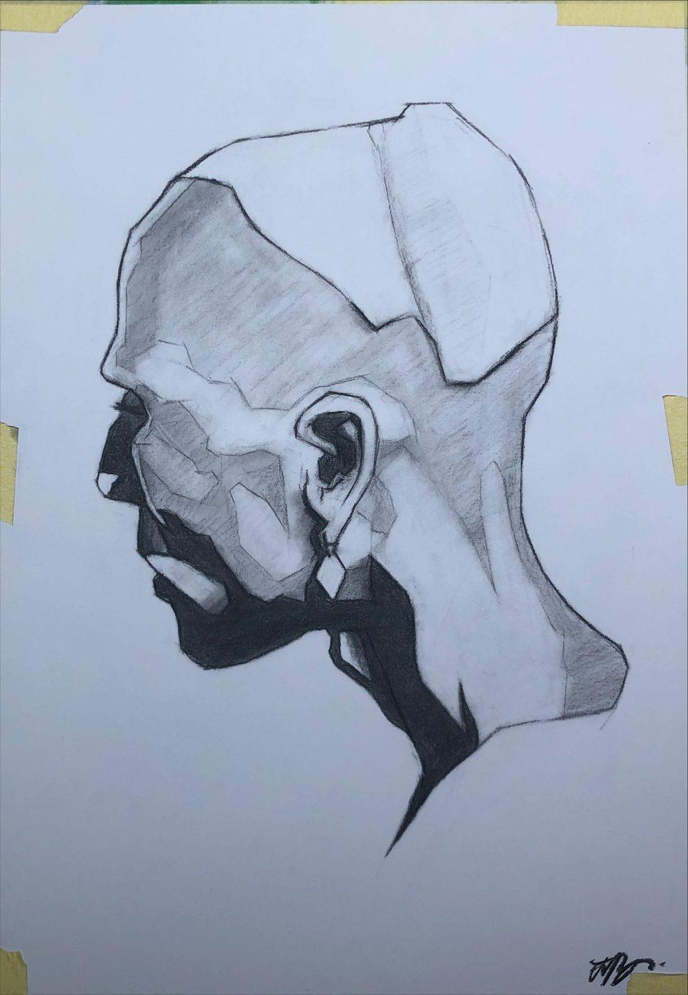 Charcoal profile of a head built from hard planes of light and shadow