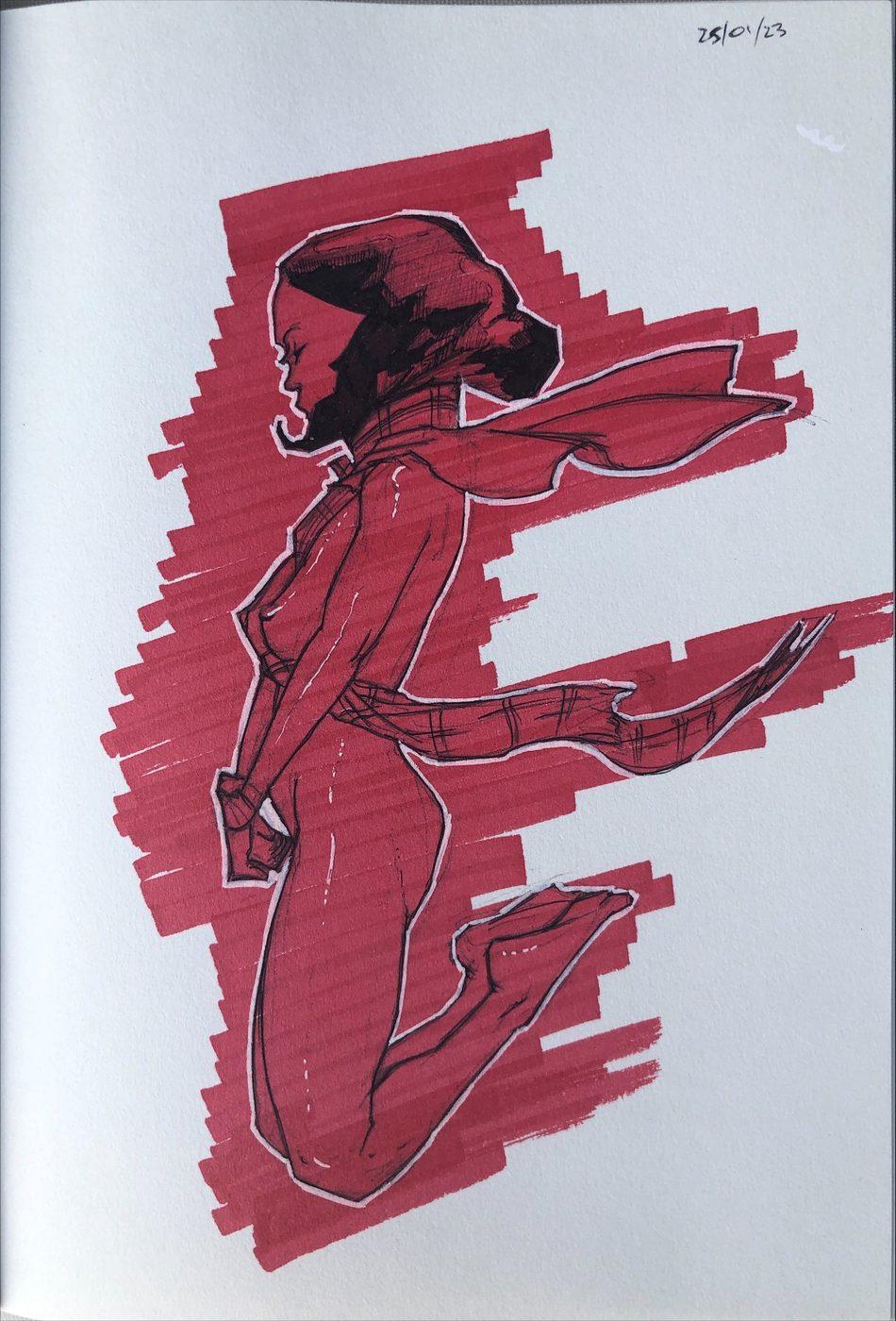 Ink and red marker figure leaping, scarf trailing, in a sketchbook