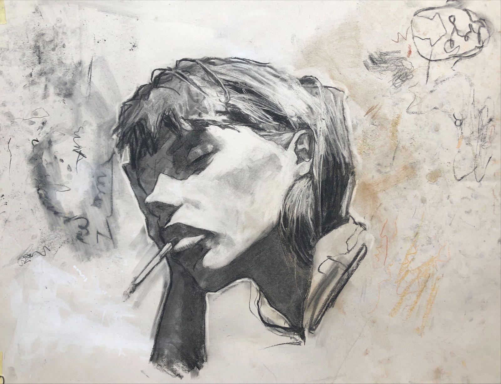 Charcoal portrait of a young man with eyes closed and a cigarette