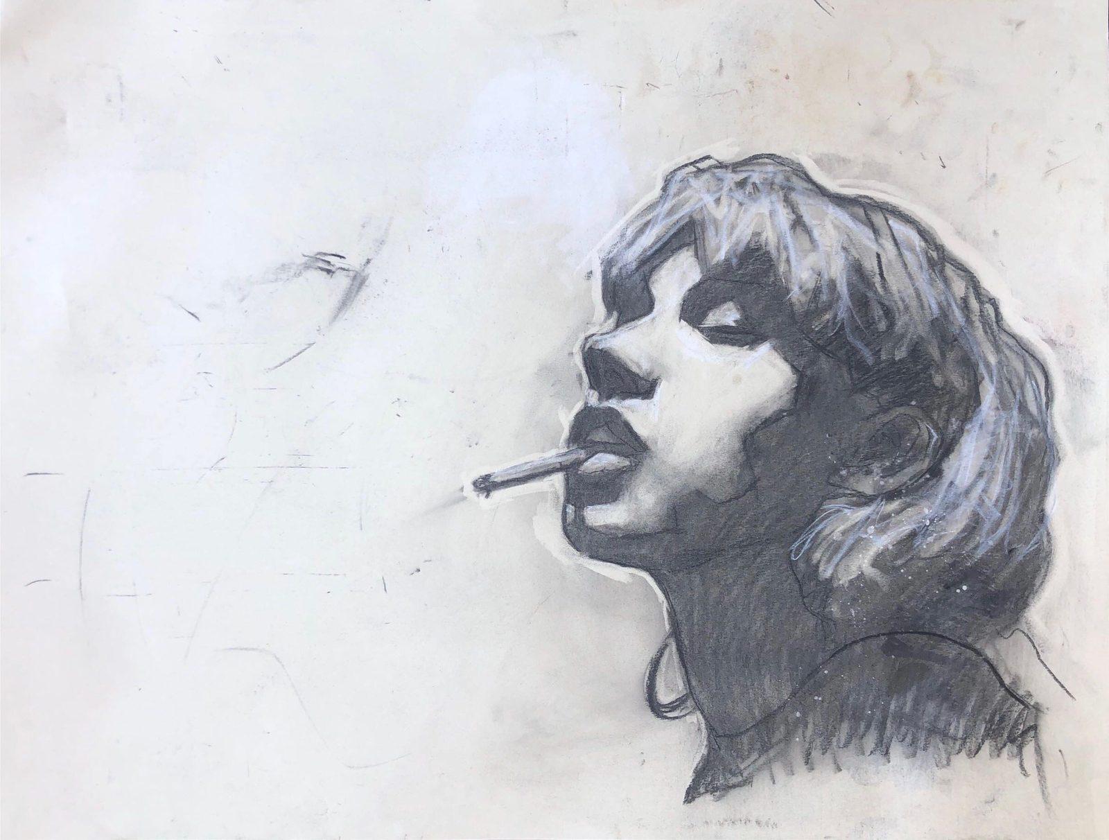 Charcoal profile of a woman with a cigarette, head tipped back