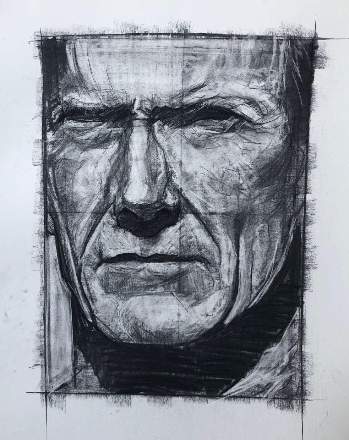 Close-cropped charcoal portrait of a weathered, squinting face