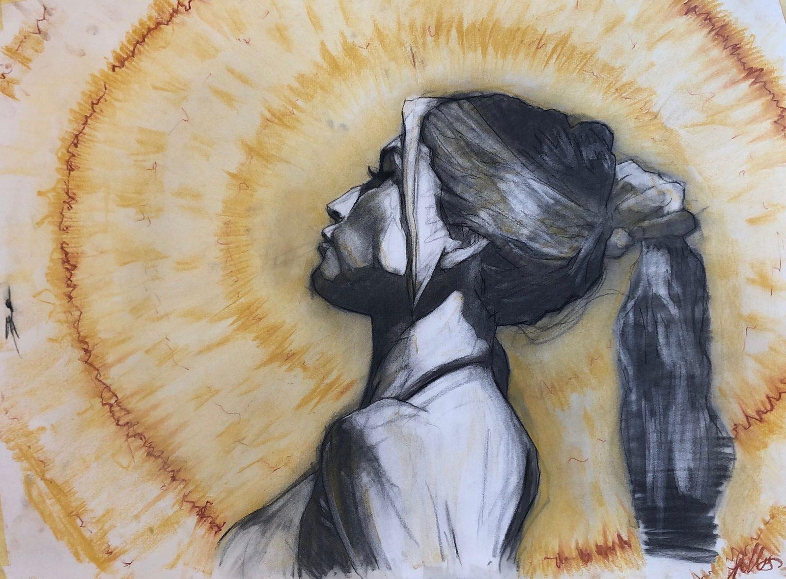 Charcoal profile with a ponytail against a radiating ochre halo